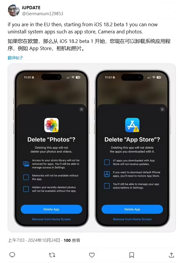 寿光苹果手机维修分享iOS 18.2 支持删除 App Store 应用商店 